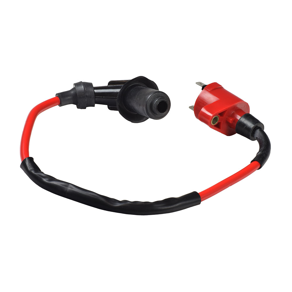 High Output Racing Performance Ignition Coil for the TaoTao GK80 79.5cc Go-Kart featuring a plug with red and black wires, designed to boost power by 20%.