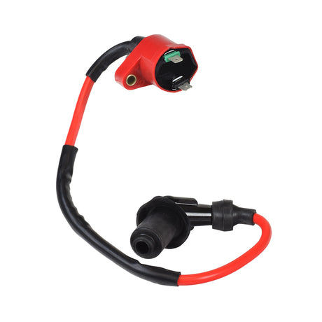 High Output Racing Performance Ignition Coil for the TaoTao GK80 79.5cc Go-Kart with visible red and black wires, plug, and black cable, designed for increased power with 14 cord and 1/4 terminals.