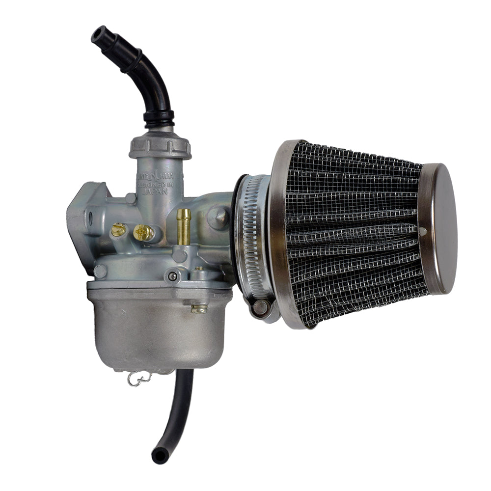 PZ19 Carburetor with 19 mm Intake & Right Side Hand Choke for 50cc, 70cc, & 90cc ATVs & Dirt Bikes, featuring a close-up of the metal carburetor and attached air filter.