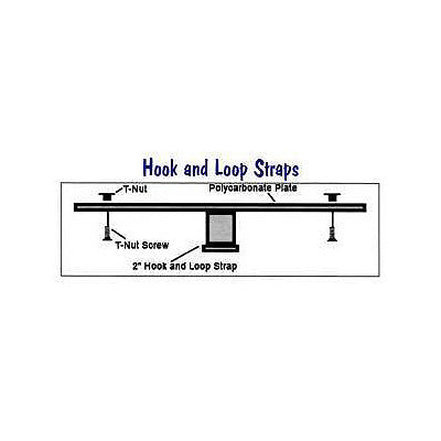 Diagram of Hook & Loop Mounting Straps for Mega Trays, showcasing their attachment mechanism designed to secure the tray to a wheelchair's armrest.