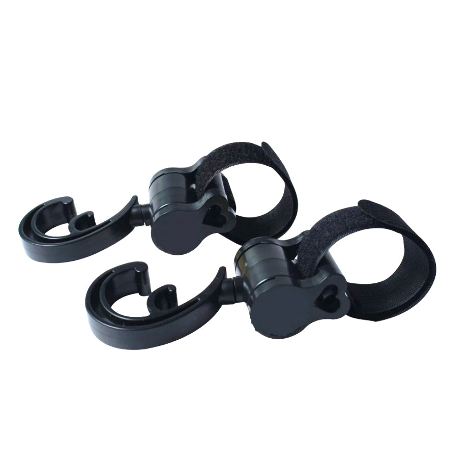 Swivel Hook Attachment for Wheelchairs, Walkers, & Rollators (Set of 2): A pair of black plastic hooks designed for easy mounting with hook & loop straps on mobility aids.