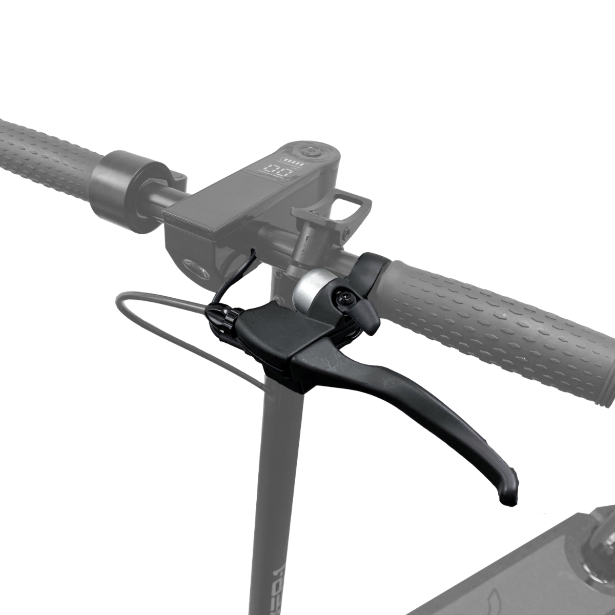 Brake Lever with Bell for Electric Bikes & Scooters: Close-up of a black handlebar with an integrated brake lever and polished aluminum bell, designed to fit an adult hand.