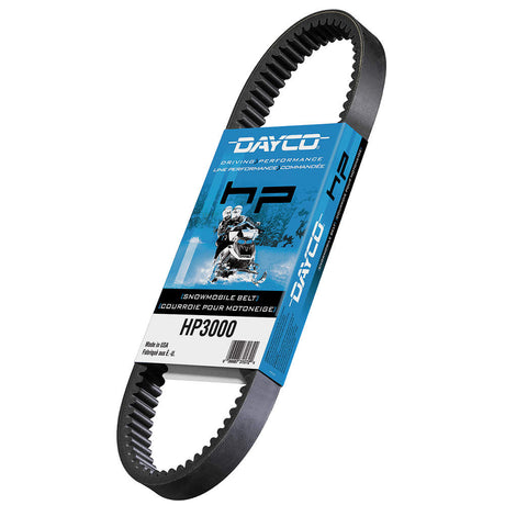 HP3001 HP Drive Belt for Snowmobiles by Dayco, featuring a black belt with a blue label, designed for superior strength and longevity, suitable for lower horsepower machines.