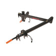 Swing Away Arm Hitch Assembly for Pride Outlander Vehicle Lifts, featuring a black metal structure with orange handles and wires, designed for enhanced strength, durability, and easy trunk access.