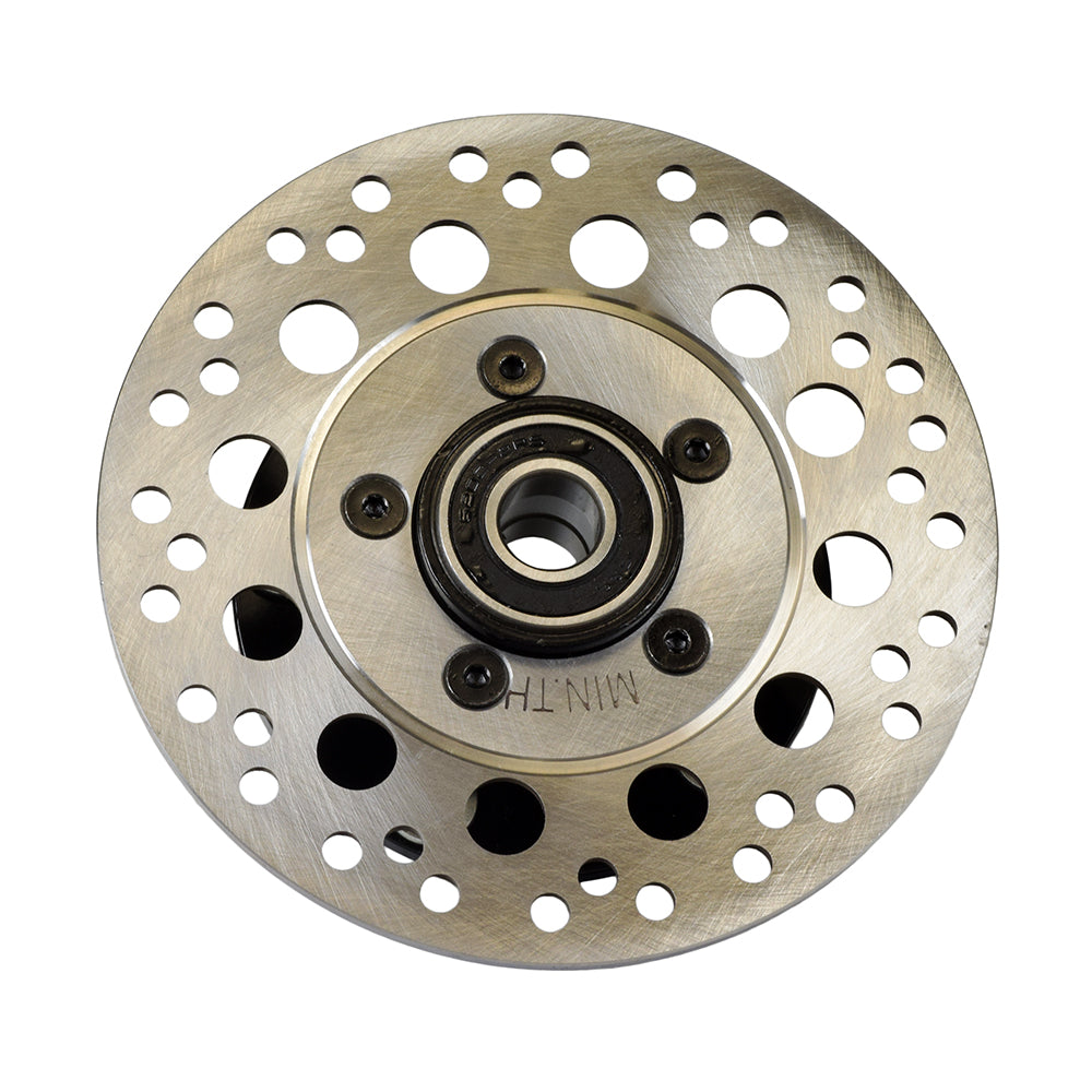 Hub & Disc Assembly for the Pride Pursuit XL (SC714) mobility scooter, featuring a circular metal object with holes, designed to hold the front wheels with 13x4 black low profile tires.