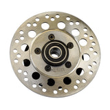 Hub & Disc Assembly for the Pride Pursuit XL (SC714) mobility scooter, featuring a circular metal object with holes, designed to hold the front wheels with 13x4 black low profile tires.