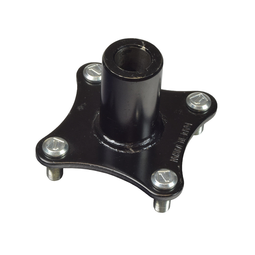 Hub Plate for the Pride Celebrity XL (SC445), Hurricane (PMV500), & Wrangler (PMV 600/PMV 620/PMV 650) featuring a black metal structure with screws, machined keyway, and four bolt holes for secure attachment.