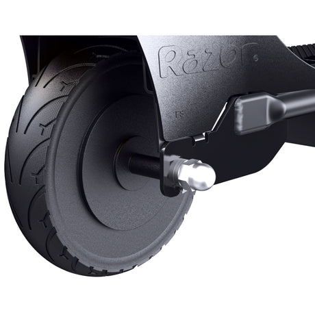 Close-up of the Rear Wheel & Hub Motor Assembly for Razor E300 HD & E300 HDL Scooters, featuring an 8 solid tire and integrated 230-watt hub motor with mounting hardware.