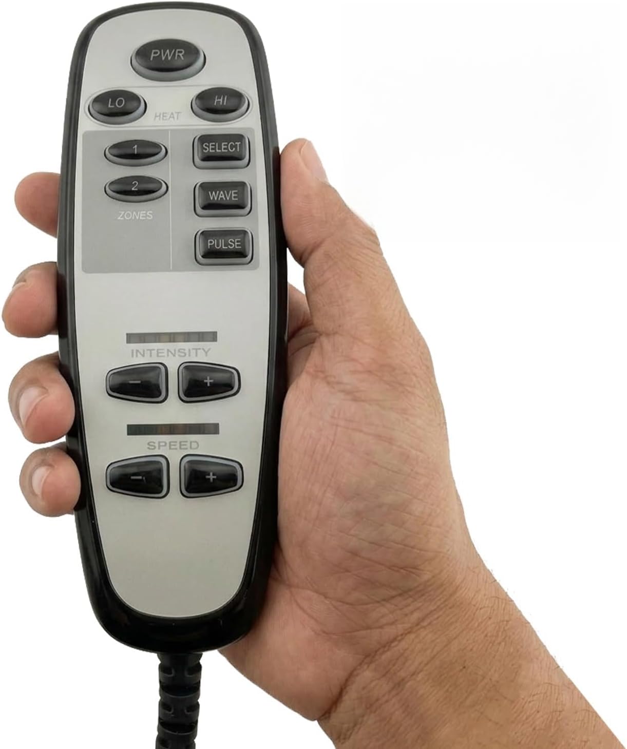 Golden HV3200-HC heat and massage hand control held in hand, showing power, heat, zone, wave, pulse, intensity and speed buttons - MaxiComfort Cloud (PR510)