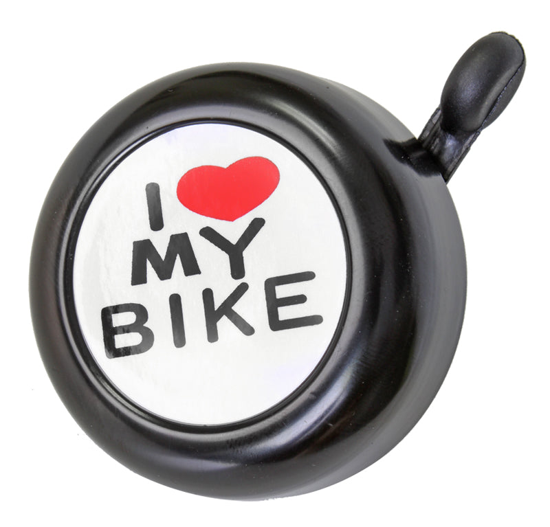 I Love My Bike Handlebar Bell by Sunlite, shown in a close-up image, mounted on a handlebar, perfect for scooters and bicycles.