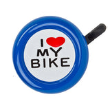 I Love My Bike Handlebar Bell featuring a close-up view of its handle and a white label, perfect for scooters and bikes.