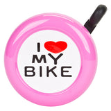 I Love My Bike Handlebar Bell, pink with a handle, features a red heart logo. Ideal for bikes and scooters, this Sunlite accessory adds fun and practicality to your ride.