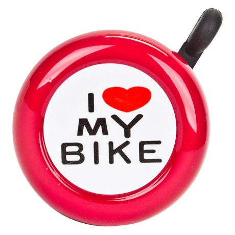 I Love My Bike Handlebar Bell, featuring a handle and a white label, ideal for scooters and bicycles.