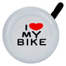 I Love My Bike Handlebar Bell, a white bell with a handle, perfect for bikes and scooters, offering both fun and practicality as a Sunlite accessory available at Monster Scooter Parts.