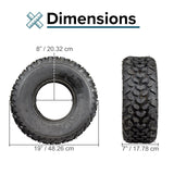 19x7.00-8 Tire with QD112 Knobby Tread for Baja Mini Bikes MB165 & MB200, ATVs, & Go Karts, shown in a close-up with detailed tread pattern and size comparison measurements.