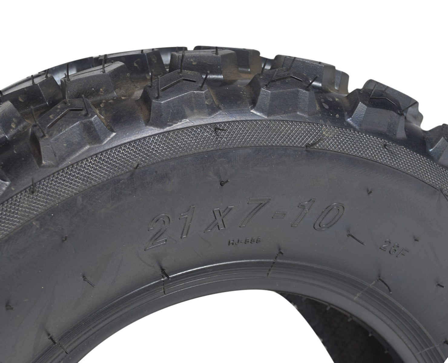 21x7.00-10 (175/70-10) ATV & Go-Kart Tire, close-up of the knobby tread pattern, showing detailed mud-clawing sipes for excellent all-around performance on larger Baja ATVs and karts.