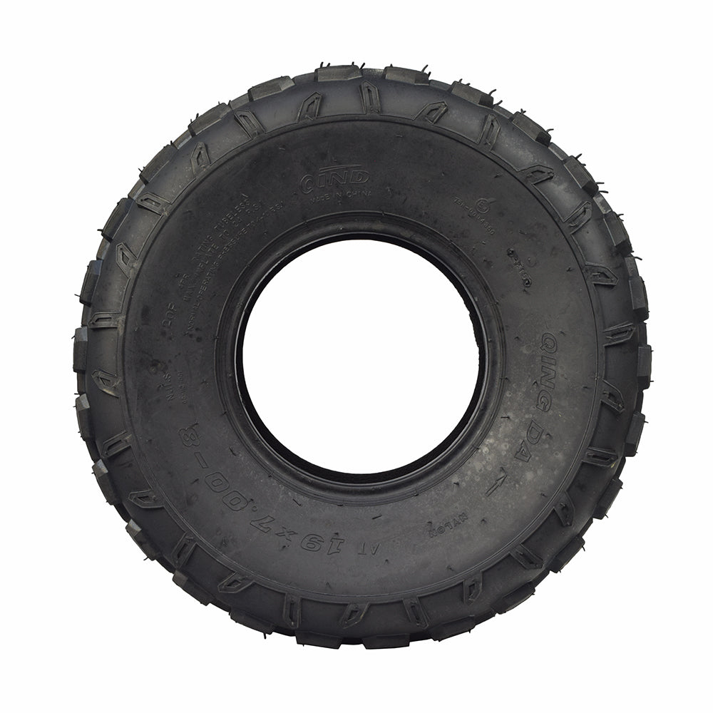 19x7.00-8 Knobby Tire with P315 Tread for Baja Mini Bikes MB165 & MB200, featuring aggressive knobs for optimal mud traction and a central hole, ideal for ATVs, go-karts, and mini bikes.