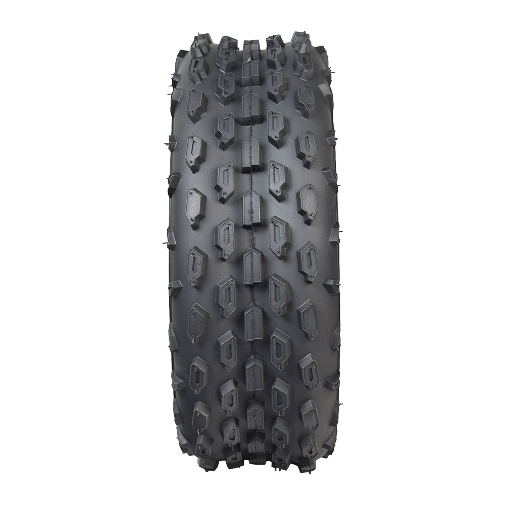 19x7.00-8 Knobby Tire for the Coleman BT200X, CT200U, & CT200U-EX Mini Bikes, featuring aggressive tread and spikes for off-road traction, shown in a close-up view.