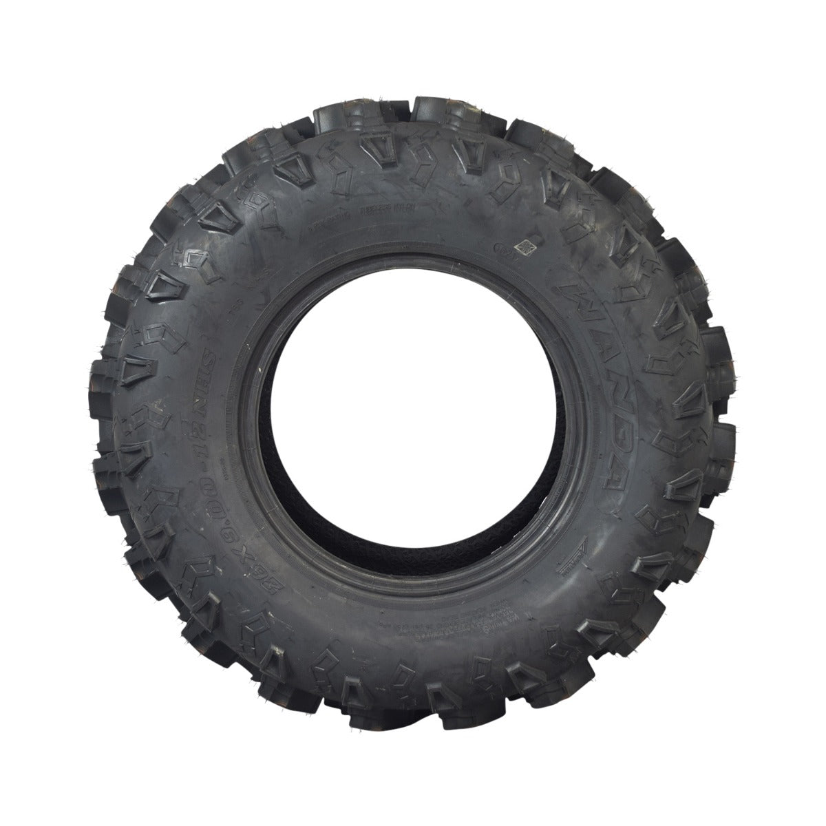 26x9-12 Front Tire for Massimo UTVs, featuring a central hole and chicken foot tread pattern. This heavy-duty, 6-ply offroad tire is designed for durability on rough, soft, and wet terrains.