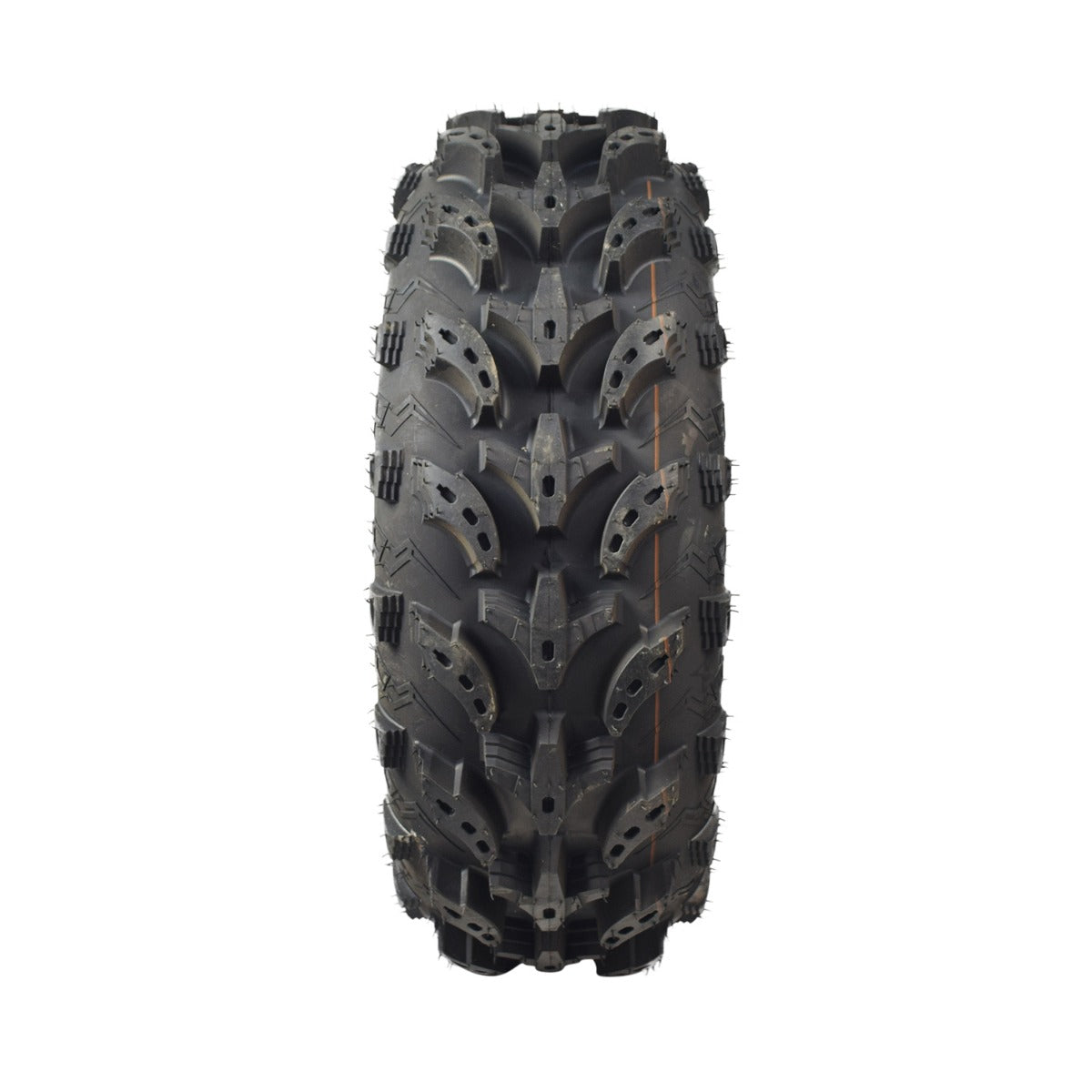 26x9-12 Front Tire for Massimo UTVs, showcasing black treads in a close-up view. The heavy-duty 6-ply Wanda offroad tire features an aggressive chicken foot tread pattern for durability on rough terrains.