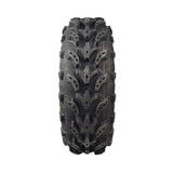 26x9-12 Front Tire for Massimo UTVs, showcasing black treads in a close-up view. The heavy-duty 6-ply Wanda offroad tire features an aggressive chicken foot tread pattern for durability on rough terrains.