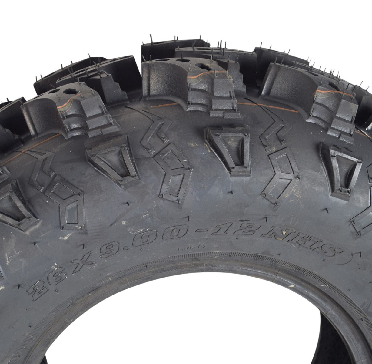 Close-up of 26x9-12 Front Tires for Massimo UTVs (Set of 2), highlighting the aggressive chicken foot tread pattern and robust 6-ply construction, ideal for offroad use.