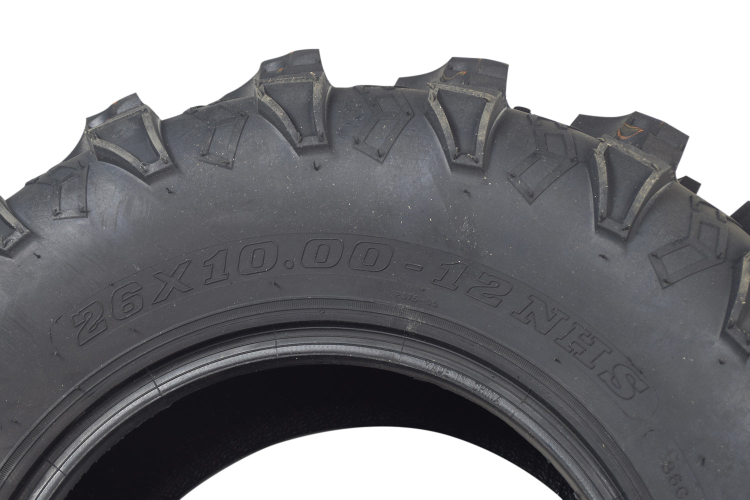 Close-up of 26x10-12 Rear Tires for Massimo UTVs (Set of 2), showcasing the aggressive P376 chicken foot tread pattern, designed for durability and offroad performance on various terrains.