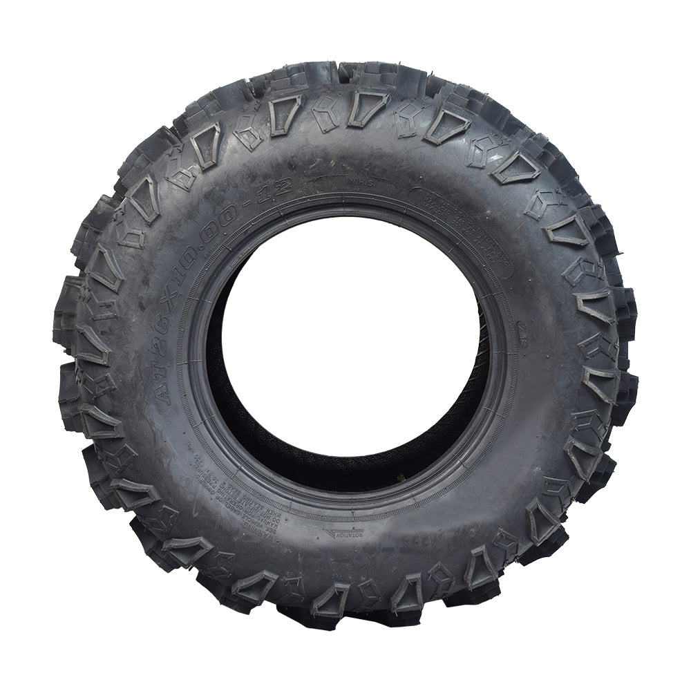 26x10-12 Rear Tire for Massimo UTVs, featuring a central hole and an aggressive 6-ply chicken foot tread, ideal for offroad use on soft, wet, or rough terrain.