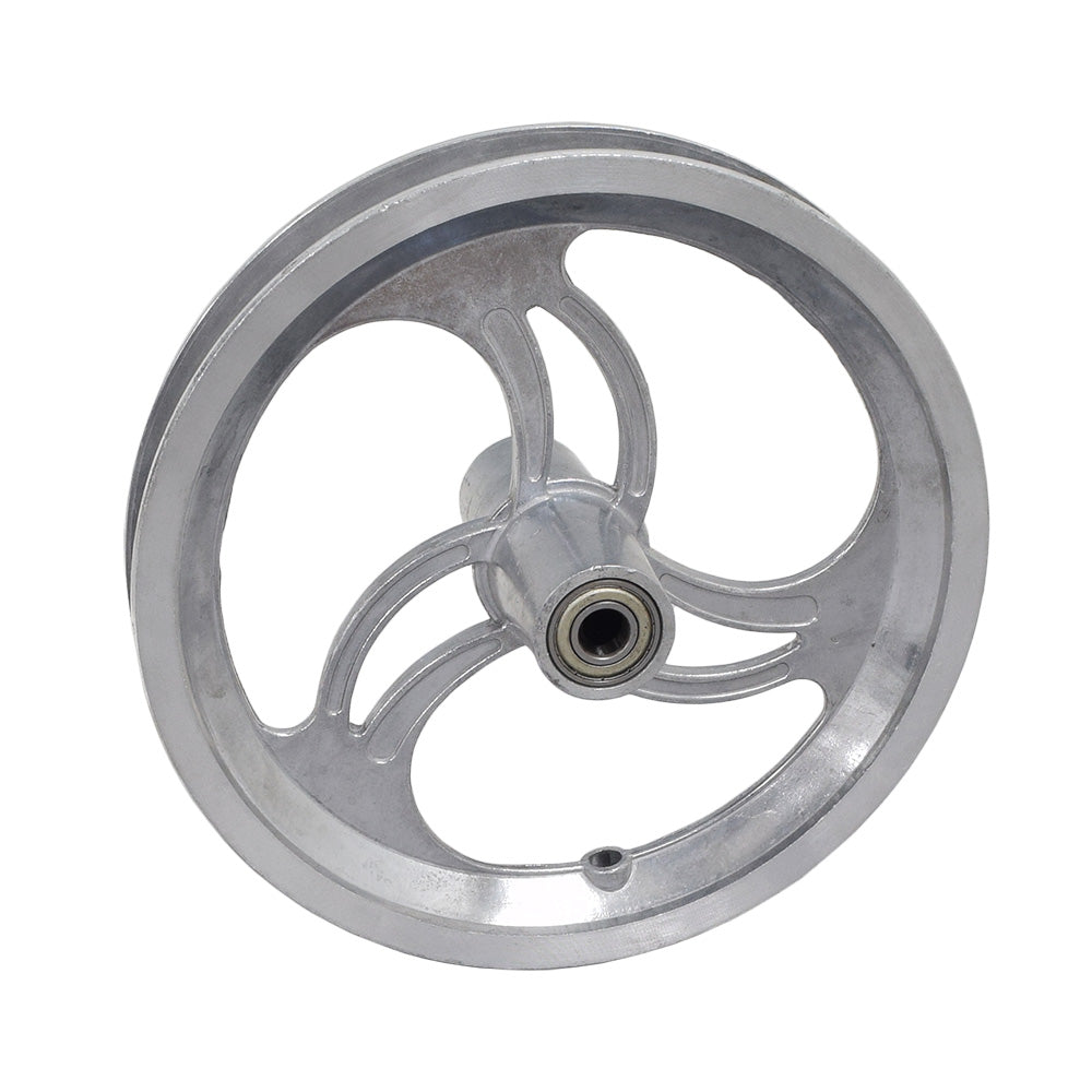 12-1/2 x 2-1/4 Front Rim with Curved Spokes, featuring a silver wheel with three metal spokes and bearings, designed for 24V & 36V electric scooters.