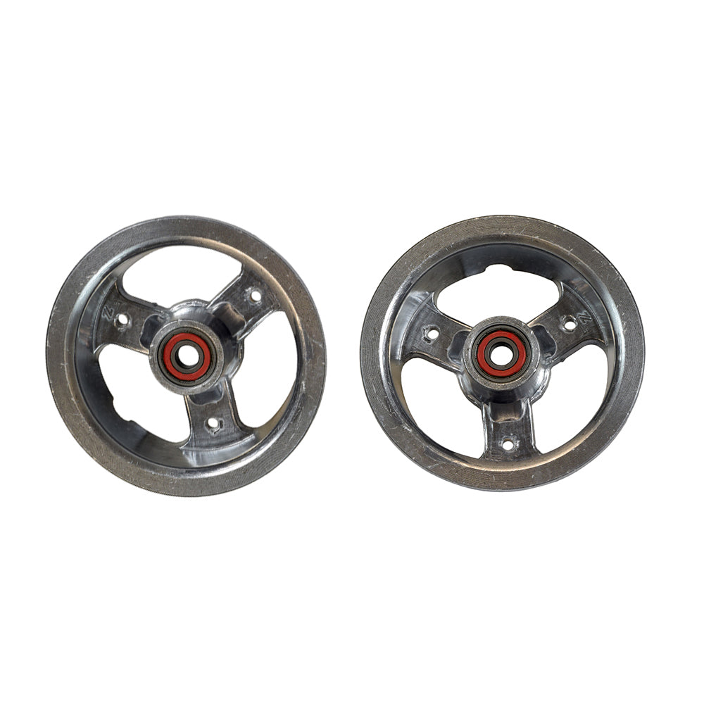 Front Rim for 9x3.50-4 Tires with 6000-2RS Bearings, featuring a close-up view of the metal wheel with a red center, spokes, and mounting holes for M8-1.0 mm bolts.