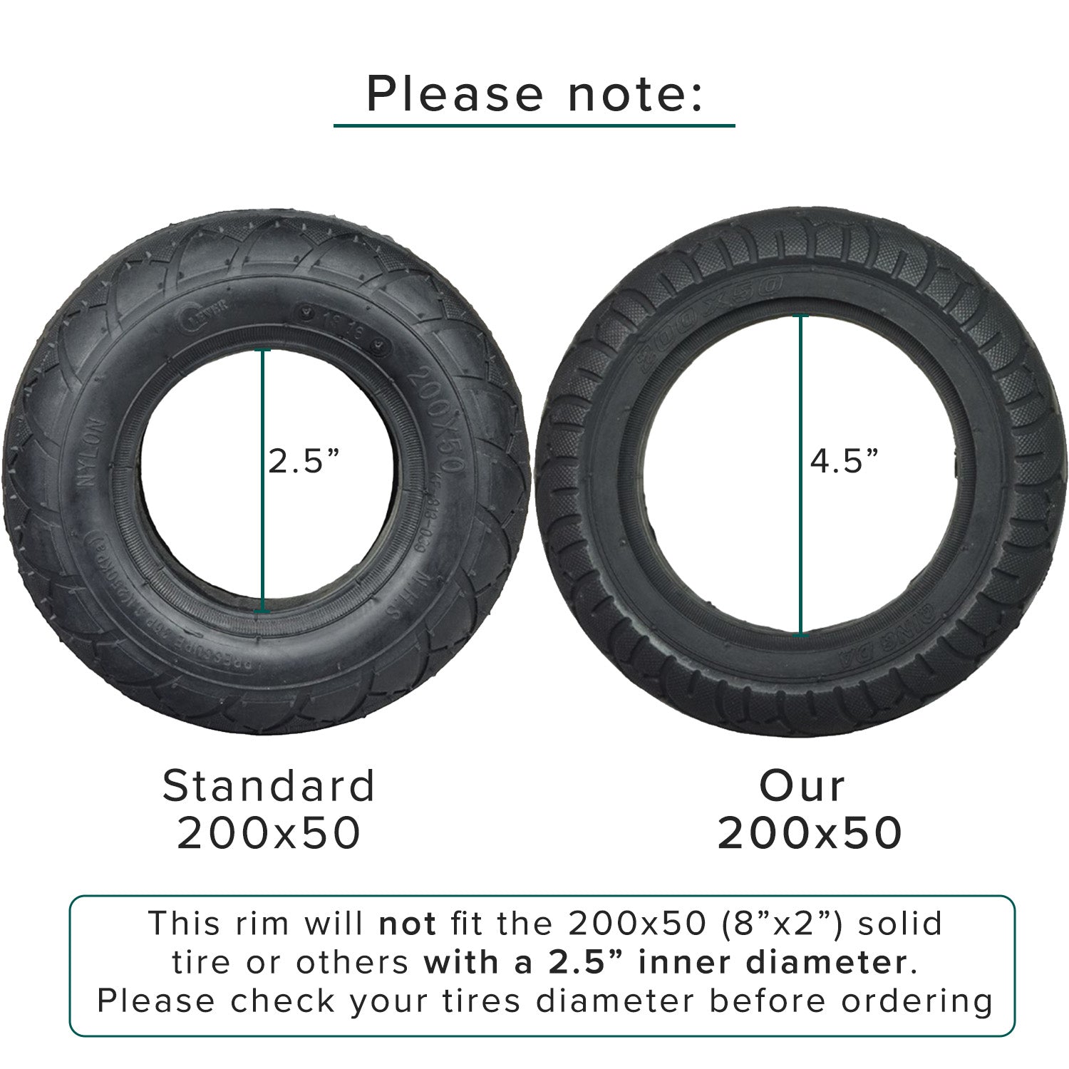 200x50 Rear Rim for Recreational Scooters shown with tires, featuring a close-up view of the tread pattern and bearing assembly, ideal for rear wheel assemblies with threaded axle ends.