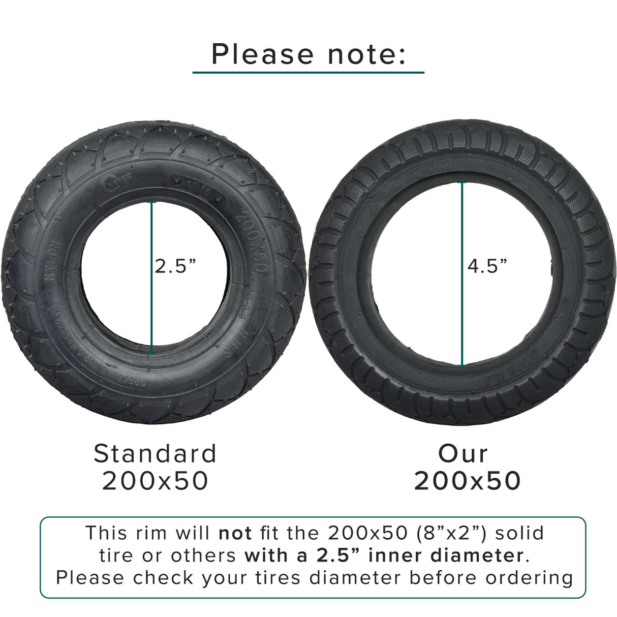 200x50 Rear Rim for Recreational Scooters shown with tires, featuring a close-up view of the tread pattern and bearing assembly, ideal for rear wheel assemblies with threaded axle ends.