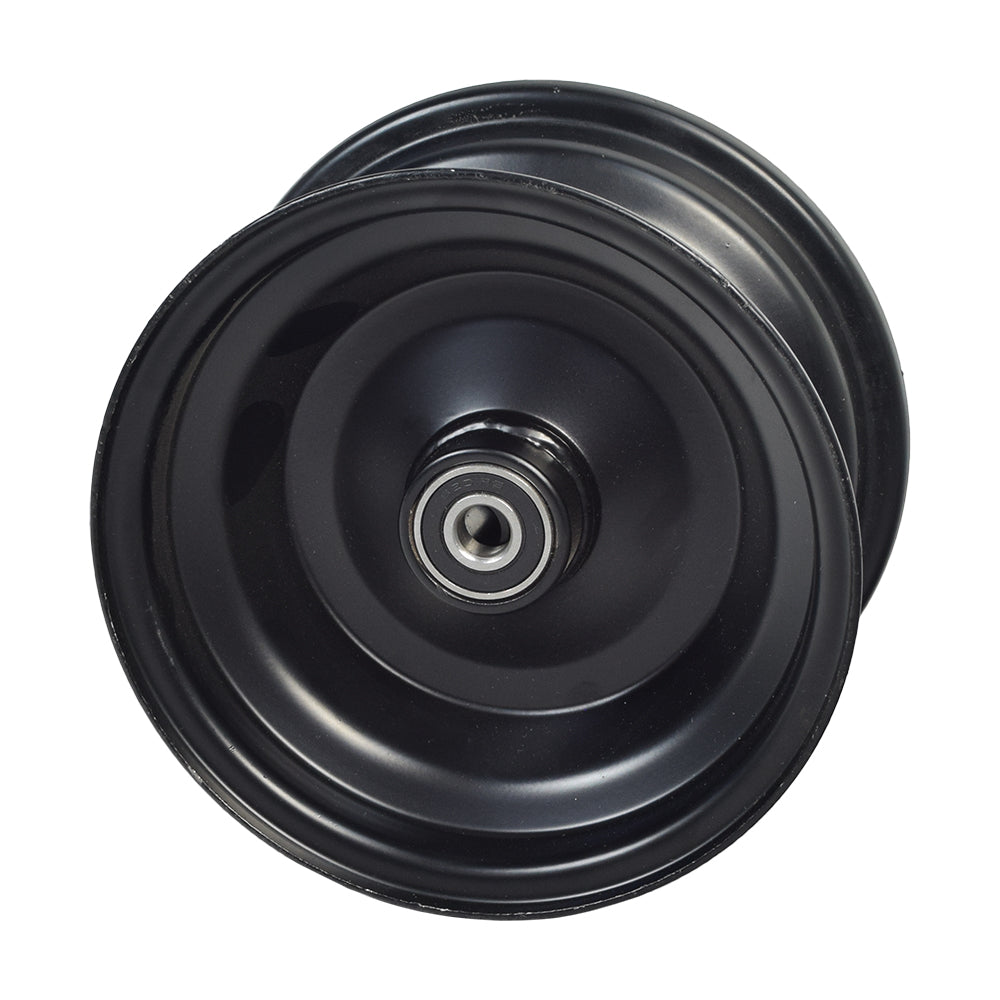 Front Wheel Rim for the Coleman RB100 105cc Mini Bike, featuring a circular black metal design with pre-installed bearings, spacer, and valve stem, shown without the 145/70-6 pneumatic tire.