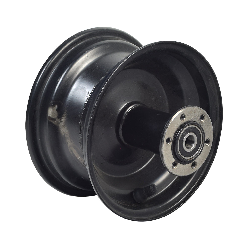 Rear Wheel Rim for the Coleman RB100 105cc Mini Bike, featuring a black wheel with a metal hub, pre-installed bearings, and spacer. Tire and valve stem not included.