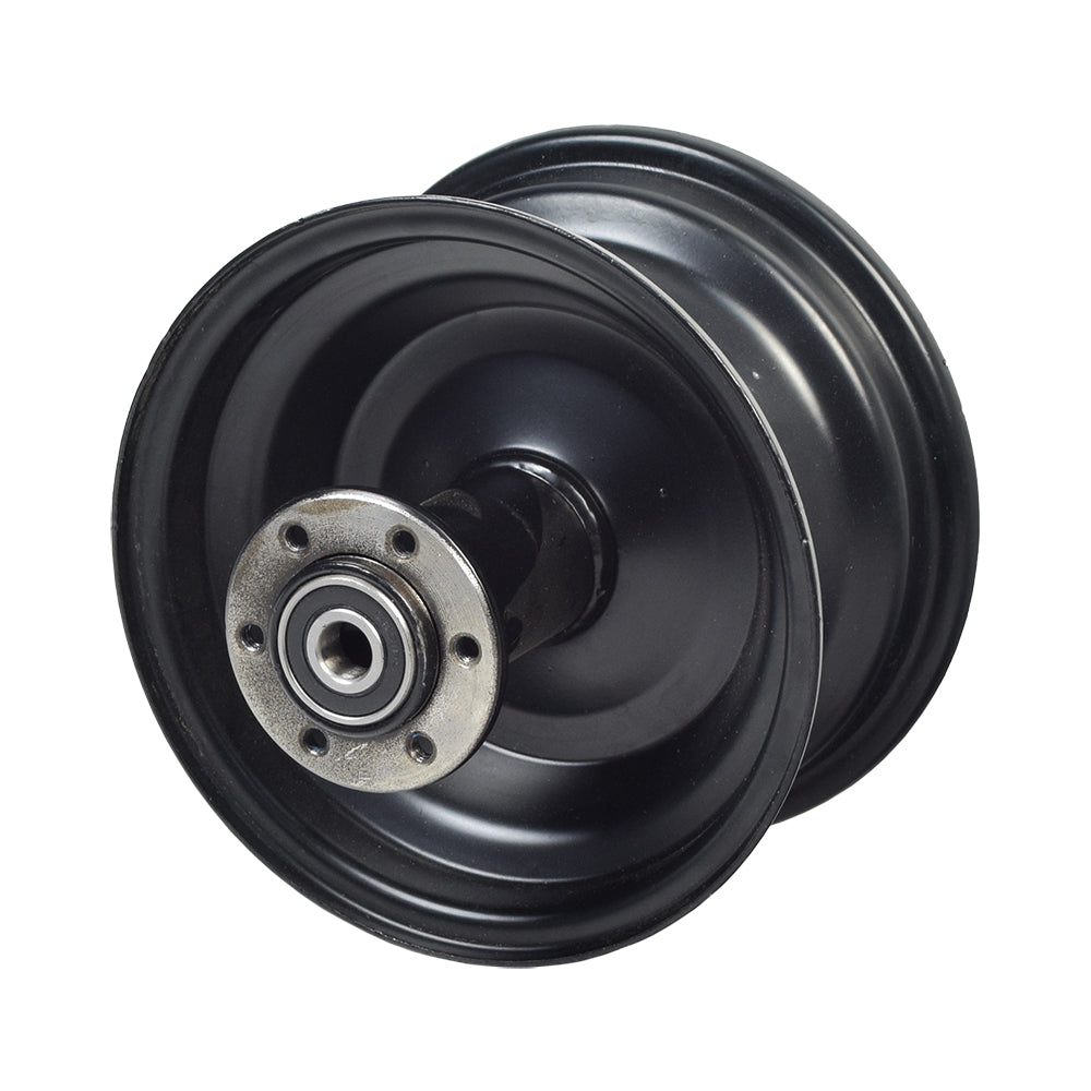 Rear Wheel Rim for the Coleman RB100 105cc Mini Bike, featuring a black wheel with a metal hub, pre-installed bearings, and spacer, shown in a detailed close-up.