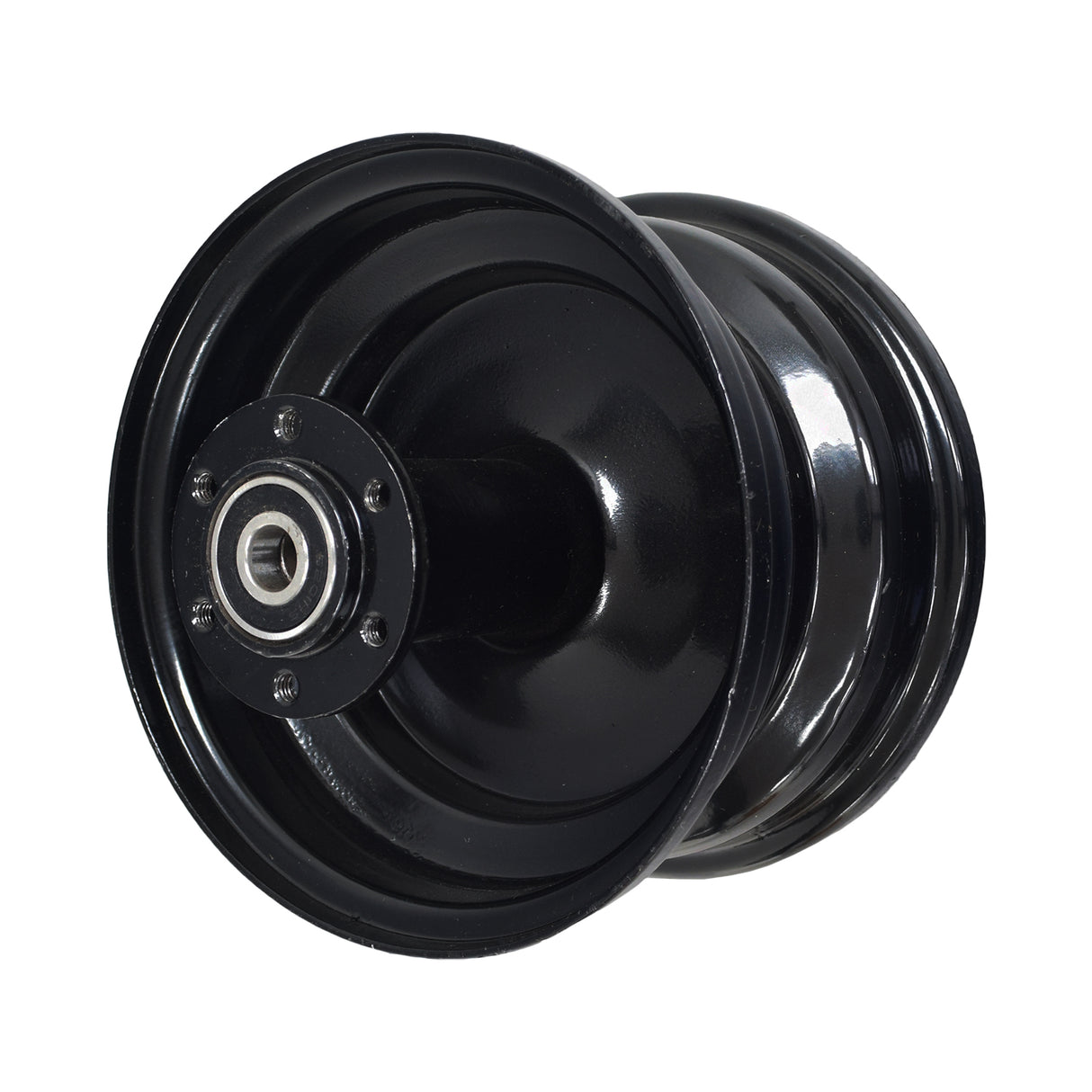 Rear Wheel Rim for the Monster Moto / Mega Moto Classic 80cc, 105cc, & 1000w, featuring a black wheel with a metal hub and pre-installed bearings and spacer, excluding tire and valve stem.