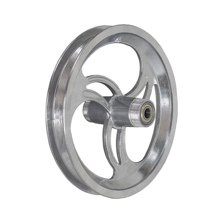 12-1/2 x 2-1/4 Threaded Rear Rim with Curved Spokes for Recreational Scooters, silver alloy, close-up showing pre-installed 6001Z bearings and curved spokes, ready to fit a 12 mm axle.