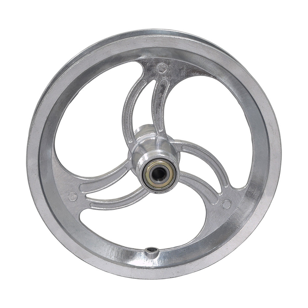 12-1/2 x 2-1/4 Threaded Rear Rim with Curved Spokes for Recreational Scooters, featuring a silver alloy body and pre-installed 6001Z bearings for 12 mm axle compatibility.