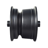 Front Wheel Rim for Baja MB200, Massimo Warrior 200, & Massimo MB200S Mini Bikes: A sturdy black steel rim with a central aperture for the axle, shown on a plain background.