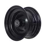 Front Rim for the Coleman CK100 & SK100 Go-Kart: Close-up of a black wheel with a metal center and a central aperture for the axle.