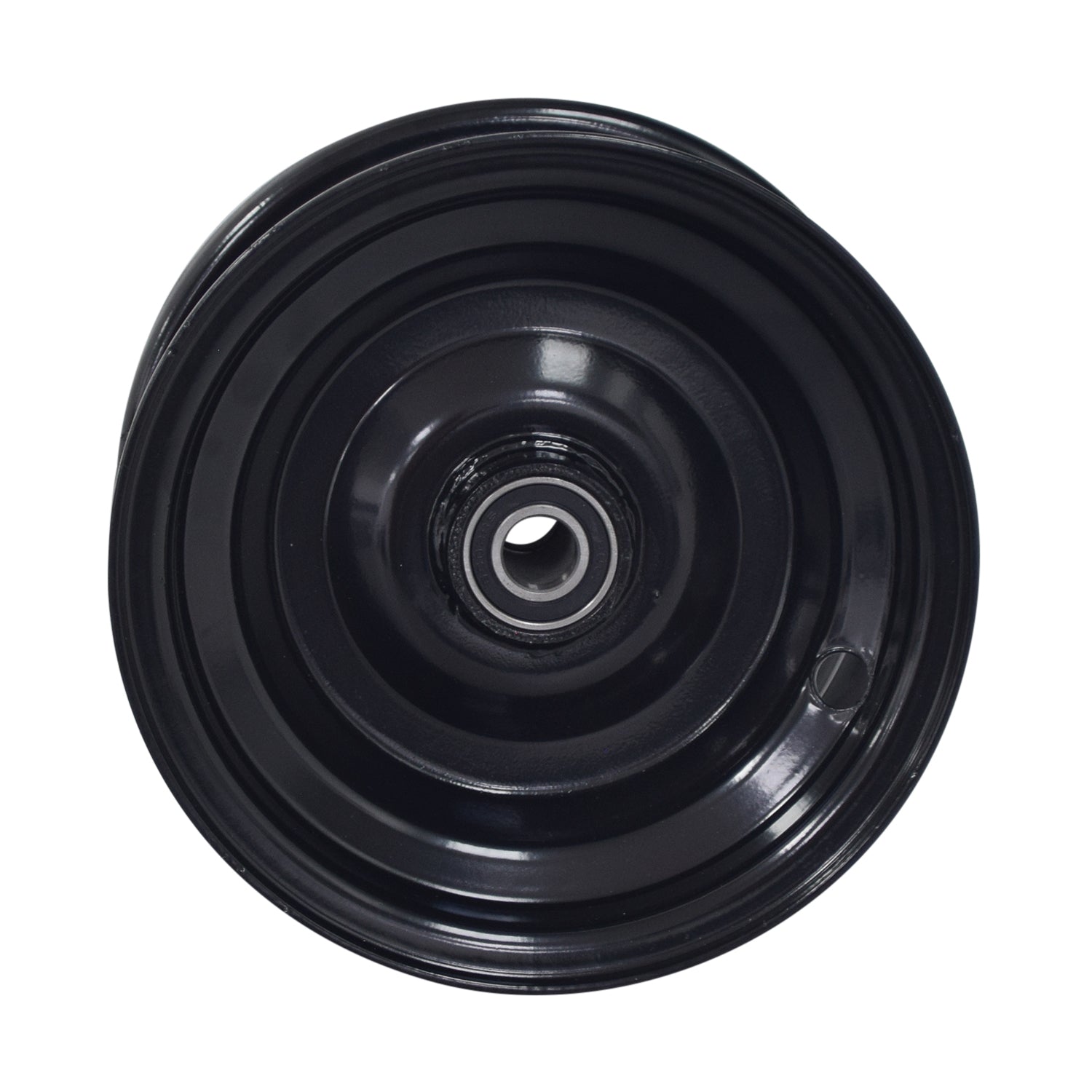 Front Rim for the Coleman CK100 & SK100 Go-Kart featuring a central hole for the axle, designed in black enamel-finished steel, compatible with 13x5.00-6 tires.