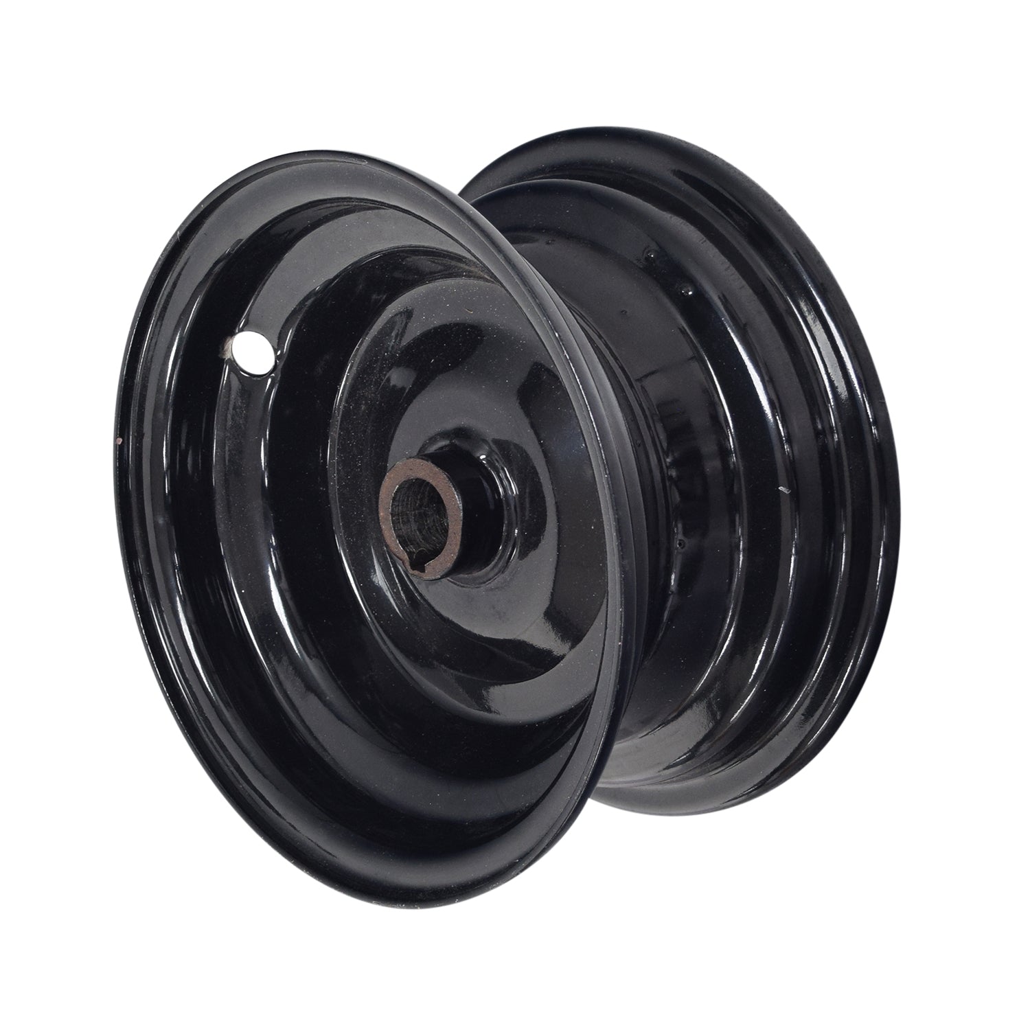 Rear Rim for the Coleman CK100 & SK100 Go-Kart, featuring a matte black steel finish and a 5/8 center hole with a 3/16 milled keyway for axle attachment.