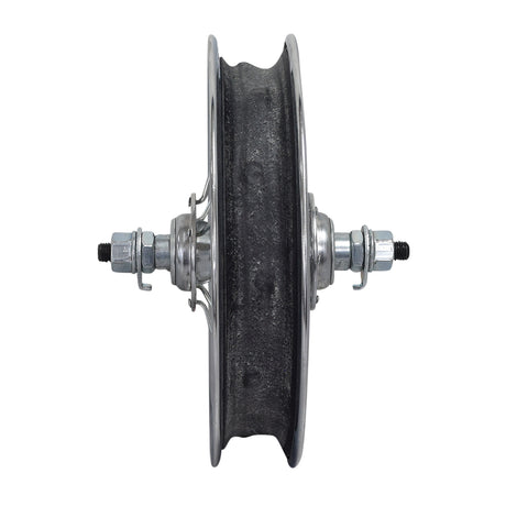 Front Rim & Axle for the Razor Pocket Mod Petite, featuring a chromed steel rim with a black rubber tire, pre-installed bearings, axle, spacers, and nuts for secure attachment.