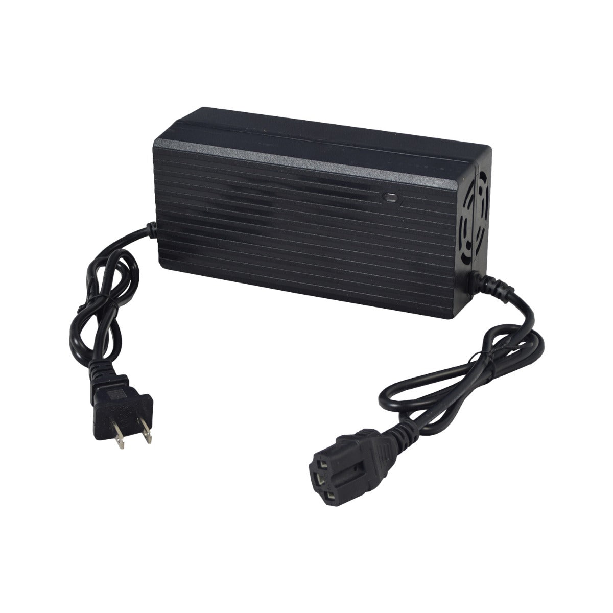 67.2 Volt 3 Amp 3-Pin Battery Charger for E-Bikes & Scooters, featuring a black rectangular power supply with attached black cables and a 3-pin shroud female connector, shown on a white background.