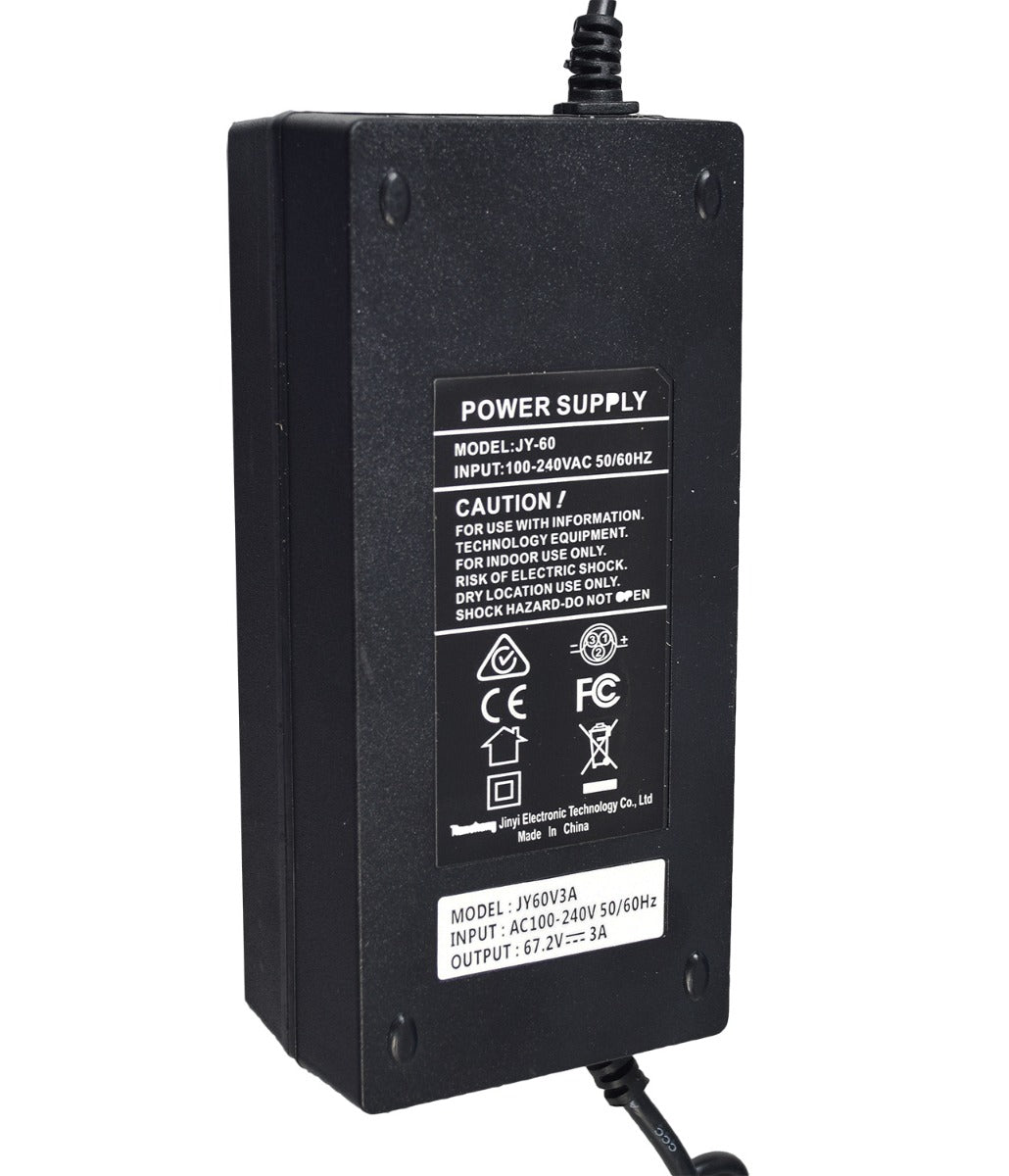 67.2 Volt 3 Amp 3-Pin Battery Charger for E-Bikes & Scooters, featuring a black power supply with white text and multiple LED indicators for charge status.