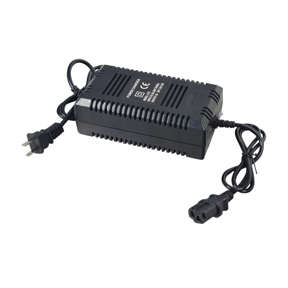 36 Volt 1.8 Amp 3-Pin Battery Charger (Standard) featuring a black power supply with attached wires and a 3-pin IEC 320 C13 connector, ideal for electric scooters.