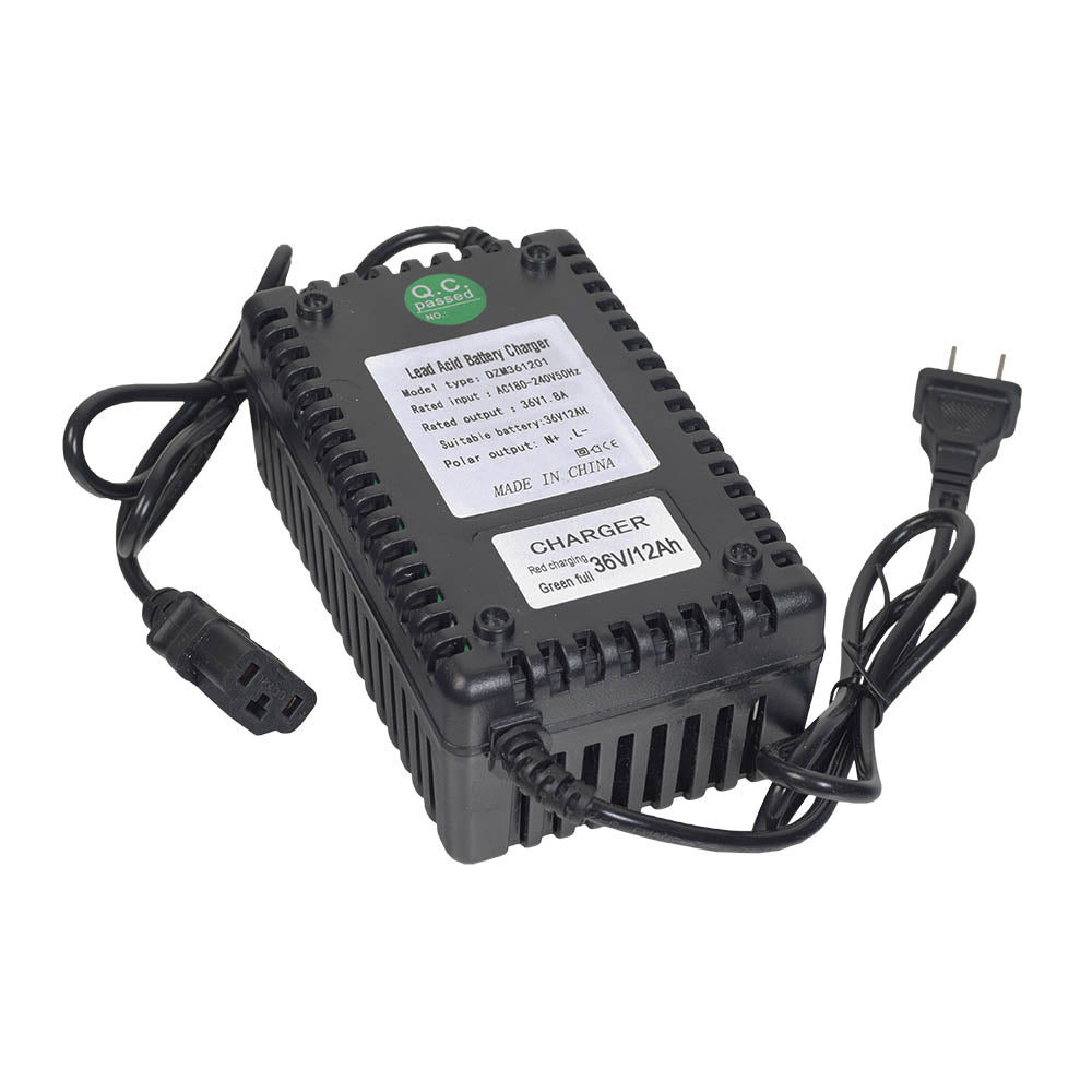 36 Volt 3-Pin Battery Charger for Monster Moto / Mega Moto Classic 1000w (MM-E1000) with a black power supply and cord, featuring close-up views of labels and connectors.