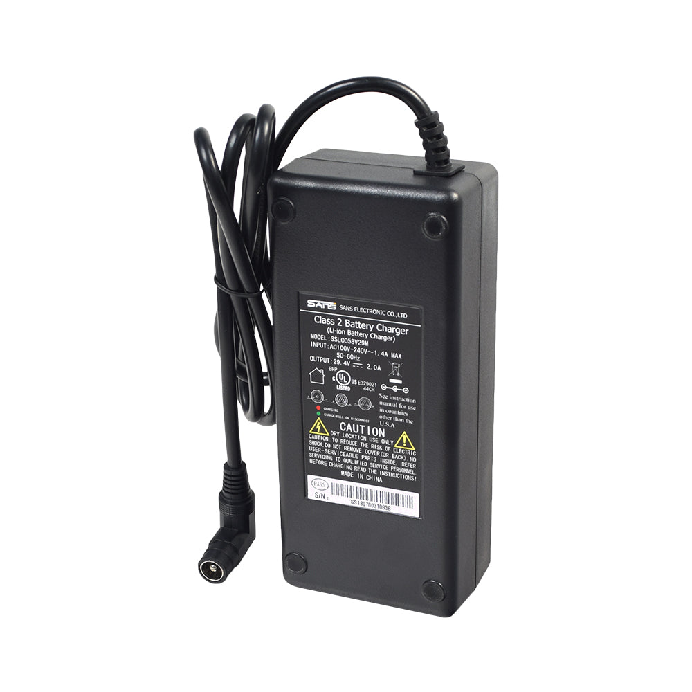 24 Volt 2.0 Amp Coaxial Lithium-iron (LiFePO4) Battery Charger for Electric Bikes, featuring a black power supply unit with an attached cable, ideal for safely charging LiFePO4 batteries.