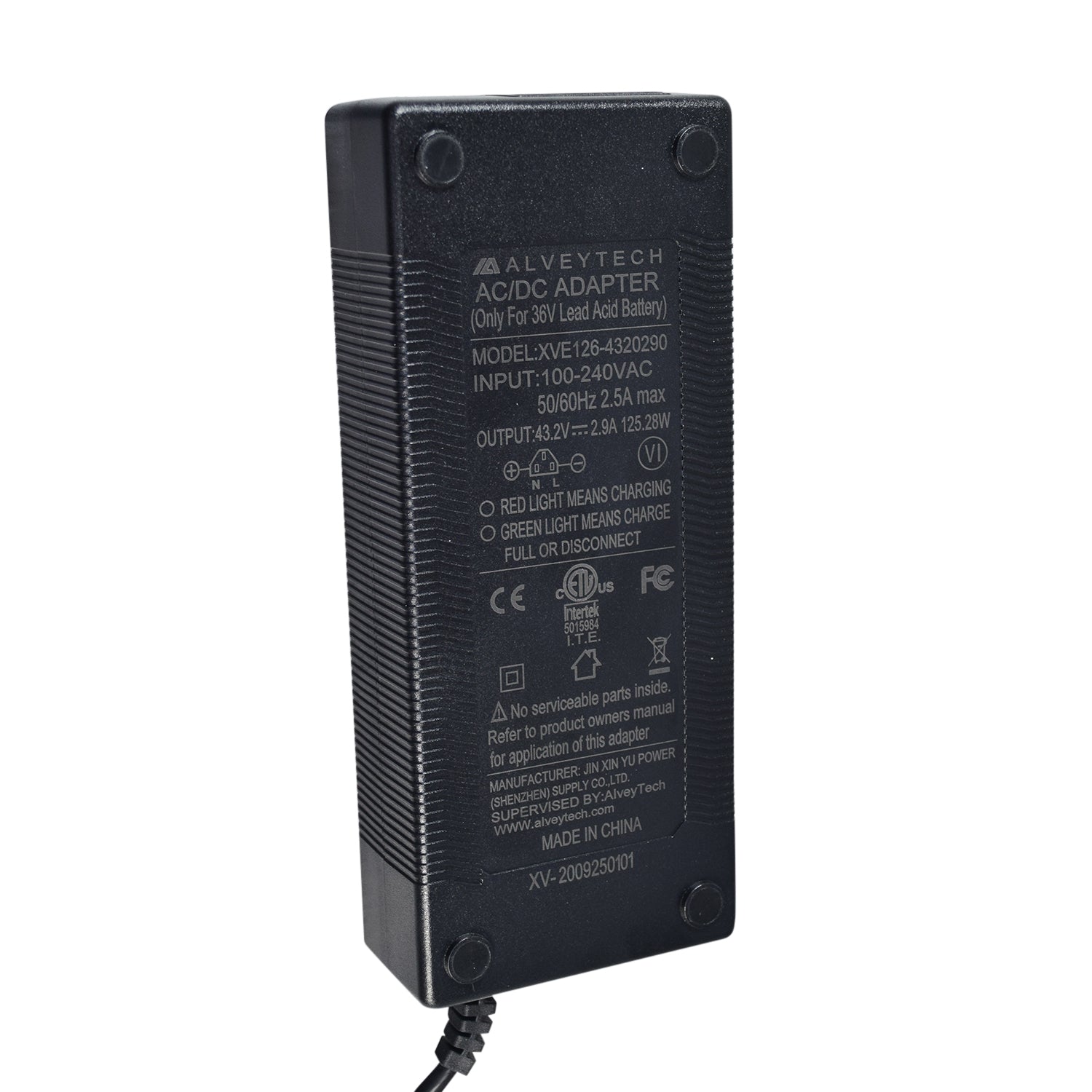 36 Volt 3-Pin Battery Charger for the Monster Moto / Mega Moto Classic 1000w (MM-E1000); a black, rectangular device with a cord, featuring a 3-pin connector and visible branding.