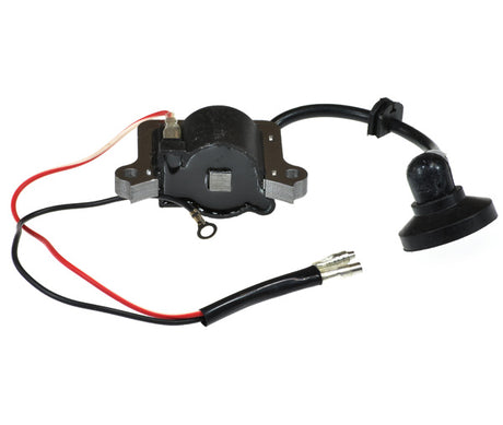 Ignition Coil for 49cc/52cc Scooter Engine with 62 mm Mounting Hole Spacing, featuring attached red and black wires for electric start, suitable for recreational 2-stroke gas scooters.